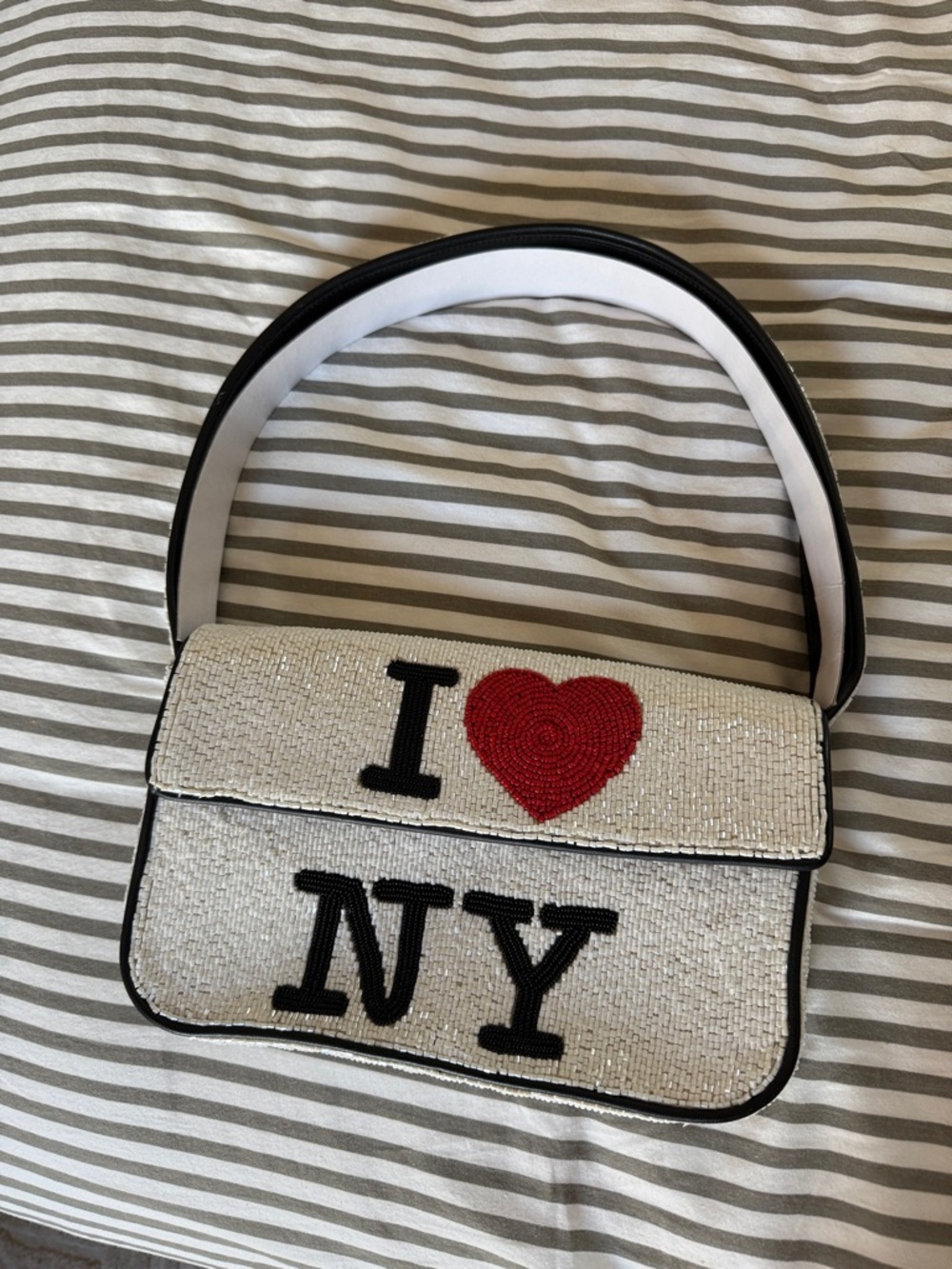 STAUD White Beaded "I ♥ NY" Shoulder Bag with Black Trim and Red Heart LIMITED